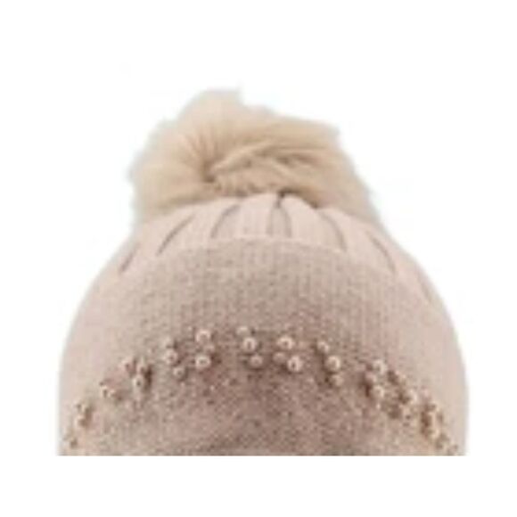 NWT Adrienne Landau Blush Crystal Beanie Faux Fur Pom | Soft Luxe Winter Hat - Picture 2 of 2
